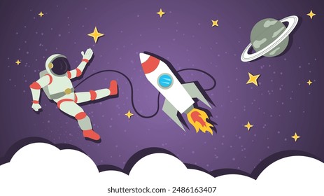 Un astronauta en el espacio exterior agita su mano, una ilustración plana de un garabato para niños