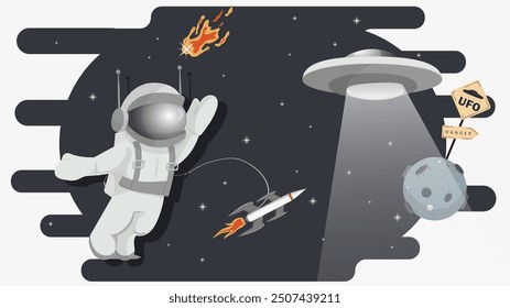 An astronaut in outer space welcomes flying UFOs, flat childrens doodles