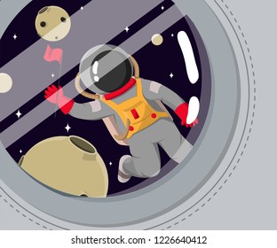 Astronaut outside the spaceship, vector illustration