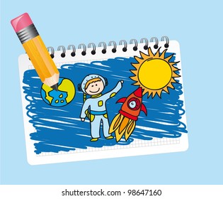 astronaut over notebook with pencil, drawing. vector