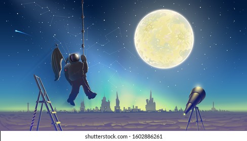 Astronaut over space background landscape with telescope and ladder, cosmonaut over starry  night sky, Milky Way with stars and moon in space, vector fantasy outdoor evening nature illustration