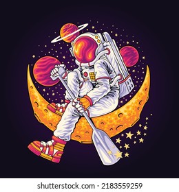 astronaut paddle the moon illustration