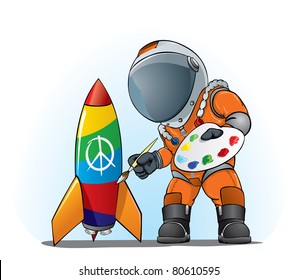 astronaut painting peace sign on the rocket