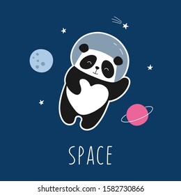 Astronaut panda, cosmos, galaxy, moon, space adventure. Cartoon character. Vector illustration for children.