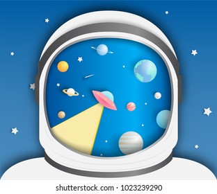 Astronaut and Paper UFO beam and solar system paper art background vector illustration