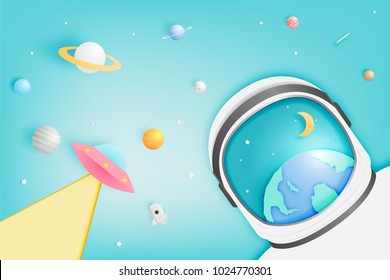 Astronaut and Paper UFO beam and solar system paper art background vector illustration