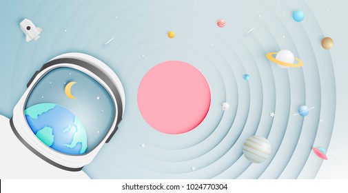 Astronaut and Paper UFO beam and solar system paper art background vector illustration