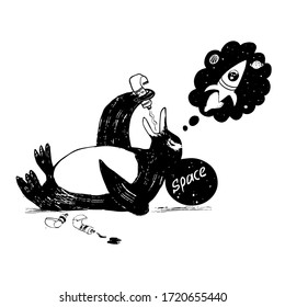 astronaut penguin eating space food and dreaming