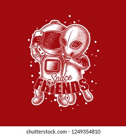 Astronaut photographed on the phone with an alien.  Original vector illustration on red background. Design on t-shirt or stickers.