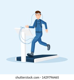 Astronaut physical test flat vector illustration. Spaceman, cosmonaut space station training, using treadmill exercise machine cartoon character. Space mission preparing isolated clipart