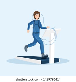 Astronaut physical training flat vector illustration. Female cosmonaut testing, workout, running on treadmill exercise machine cartoon character. Space mission preparing isolated clipart