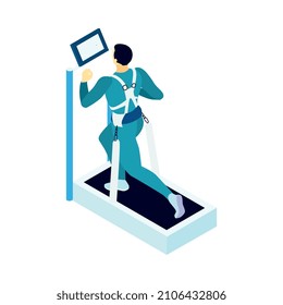 Astronaut physical training isometric icon with man running on treadmill 3d vector illustration