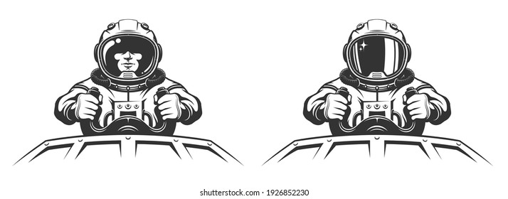 Astronaut pilot in spacesuit controls spaceship. Spaceman holds the helm of space shuttle. Vector retro illustration.