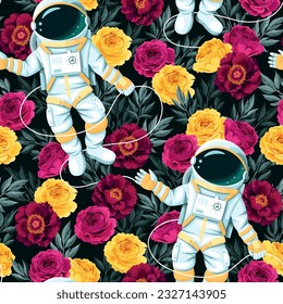 Astronaut and pink flowers vector seamless pattern