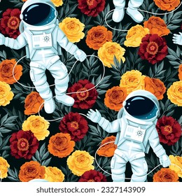 Astronaut and pink flowers vector seamless pattern