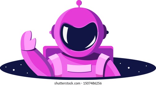 Astronaut in pink space suit welcomes and climbs out from the round hole of space with stars. Cosmonaut with a helmet without a face waving hand. Vector illustration in flat cartoon style