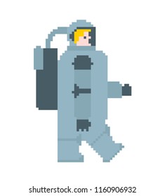 Astronaut pixel art. Cosmonaut 8 bit. spaceman Vector illustration
