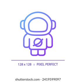 Astronaut pixel perfect gradient linear vector icon. Space explorer. Rocket scientist. Zero gravity. Science fiction. Thin line color symbol. Modern style pictogram. Vector isolated outline drawing