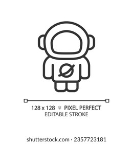 Astronaut pixel perfect linear icon. Space explorer. Rocket scientist. Zero gravity. Science fiction. Thin line illustration. Contour symbol. Vector outline drawing. Editable stroke