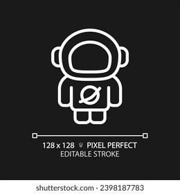 Astronaut pixel perfect white linear icon for dark theme. Space explorer. Rocket scientist. Zero gravity. Science fiction. Thin line illustration. Isolated symbol for night mode. Editable stroke