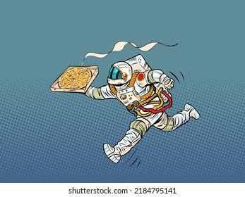 Astronaut pizza delivery. Space courier. street food, italian restaurant. Pop Art Retro Vector Illustration Kitsch Vintage 50s 60s Style