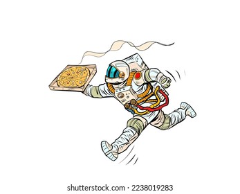 Astronaut pizza delivery. Space courier. street food, italian restaurant. Pop Art Retro Vector Illustration Kitsch Vintage 50s 60s Style