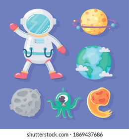 astronaut planet comet earth moon and alien space galaxy in cartoon style vector illustration