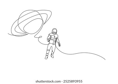 Astronaut and planet in continuous one line drawing. Simple line art illustration of astronaut exploring outer space. Editable vector.