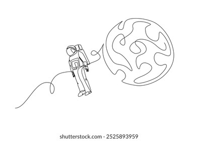 Astronaut and planet in continuous one line drawing. Simple line art illustration of astronaut exploring outer space. Editable vector.