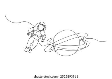 Astronaut and planet in continuous one line drawing. Simple line art illustration of astronaut exploring outer space. Editable vector.