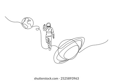 Astronaut and planet in continuous one line drawing. Simple line art illustration of astronaut exploring outer space. Editable vector.