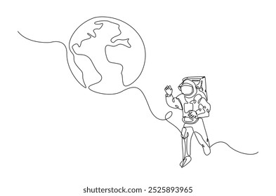 Astronauta e planeta em desenho contínuo de uma linha. Ilustração de arte de linha simples de astronauta explorando o espaço exterior. Vetor editável.