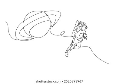 Astronaut and planet in continuous one line drawing. Simple line art illustration of astronaut exploring outer space. Editable vector.