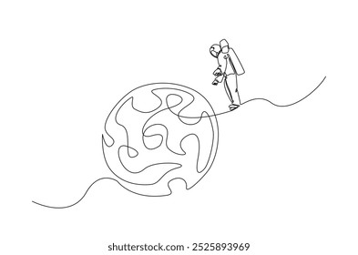 Astronaut and planet in continuous one line drawing. Simple line art illustration of astronaut exploring outer space. Editable vector.