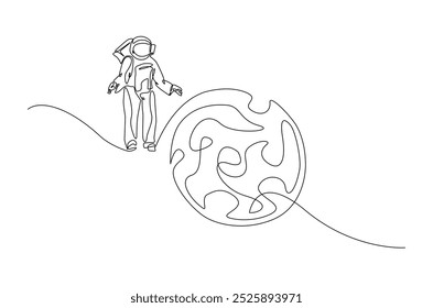 Astronaut and planet in continuous one line drawing. Simple line art illustration of astronaut exploring outer space. Editable vector.