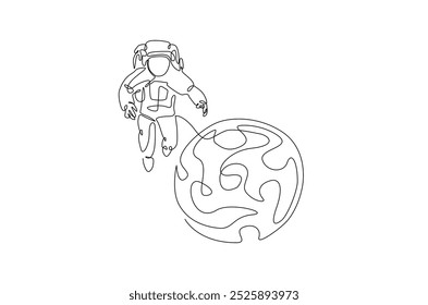 Astronaut and planet in continuous one line drawing. Simple line art illustration of astronaut exploring outer space. Editable vector.