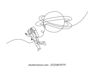 Astronaut and planet in continuous one line drawing. Simple line art illustration of astronaut exploring outer space. Editable vector.