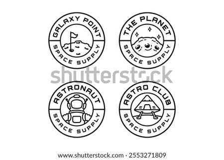 astronaut, planet with flag pole, surface meteor, spaceship landing on moon outline modern illustration badge logo design set for astronautic, science, galaxy, space, adventure, kids merchandise