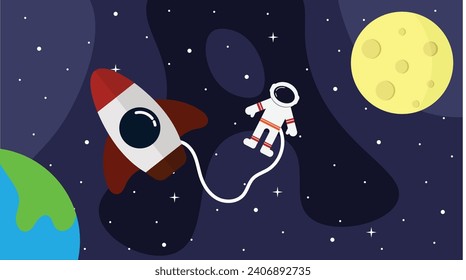 Astronaut with Planet and Rocket in Space Flat Style. Cute space shuttle flying into cosmos