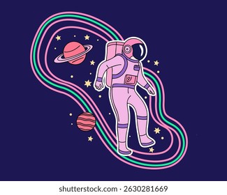 Astronaut with Planets and Colorful Arcs Illustration for Space Exploration Themes in Vibrant Style for Kids Decor and Sci-Fi Art
