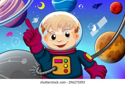 Astronauta con planetas ilustración conceptual