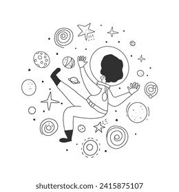 Astronaut mit Planeten im offenen Raum im Doodle-Stil. Der Kosmonaut, der im Universum schwebt, umgab Sterne. Rundabzeichen mit Symbolen des Weltraumtourismus. Vektorgrafik, schwarz-weiß, Design.