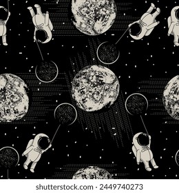 astronaut and planets pattern with stars seamless