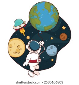 Astronaut and planets in the space cartoon 