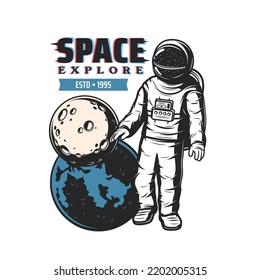 Astronaut with planets, space explore and galaxy spaceflight vector icon. Galactic travel tours and space research adventure emblem with spaceman in spacesuit of shuttle rocket or spaceship