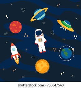 Astronaut, planets and spaceships in space - vector