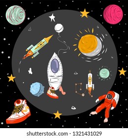 Astronaut, planets and stars, rocket ship in space, galaxy . space illustrations 