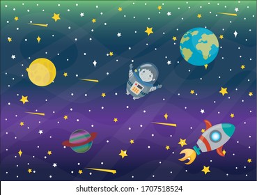 Astronaut, planets and stars, rocket ship in space