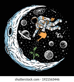 Astronaut plant trees on the moon illustration