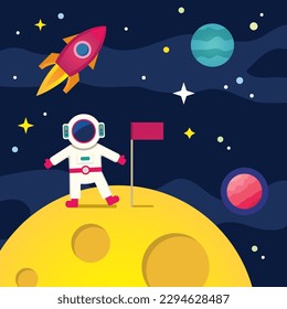 An astronaut planted a flag on the moon. Planets, stars and a rocket can be seen in the background. Flat illustration